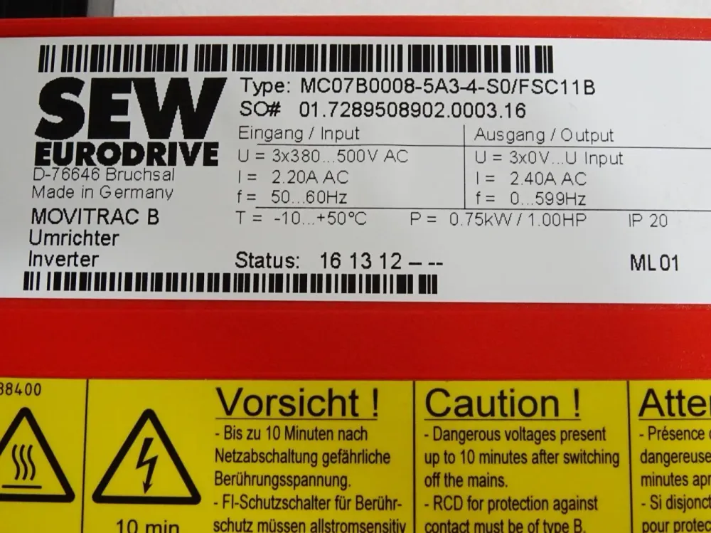 SEW Eurodrive Movitrac B Umrichter 0.75kW MC07B0008-5A3-4-S0/FSC11B