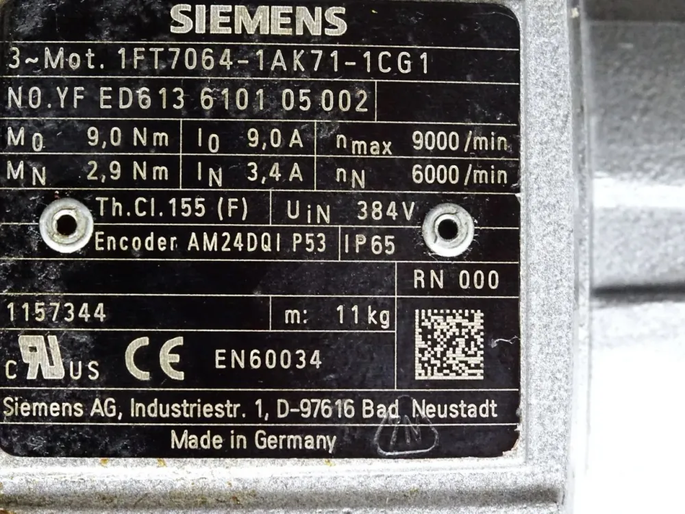 Siemens 1FT7064-1AK71-1CG1 SIMOTICS S Synchronmotor 1FT7NN=6000U/min PN=2,59kW Servomotor