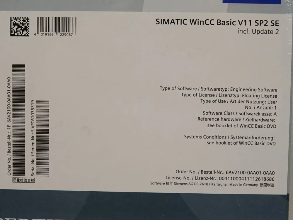 Siemens 6AV2100-0AA01-0AA0 Simatic WinCC Basic V11 SP2 SE
