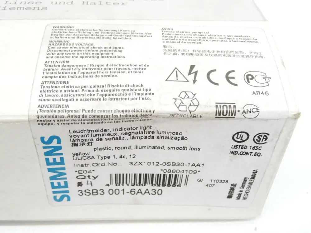 Siemens Leuchtmelder 3SB3001-6AA30 / Inhalt : 4 Stück / Neu OVP