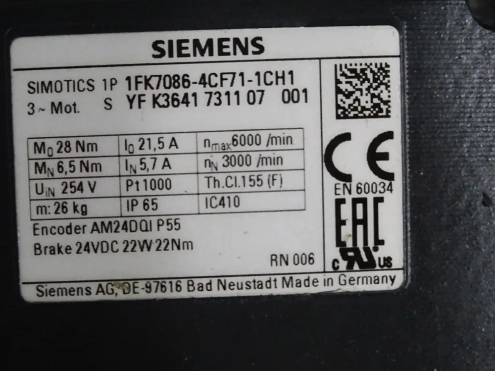 Siemens Simotics Servomotor 1FK7086-4CF71-1CH1 3000/min / Erneuert