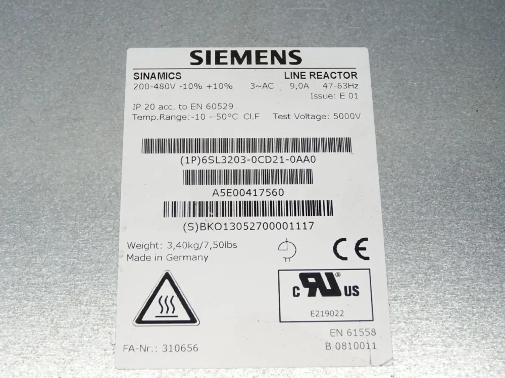 Siemens Sinamics Line Reactor 6SL3203-0CD21-0AA0
