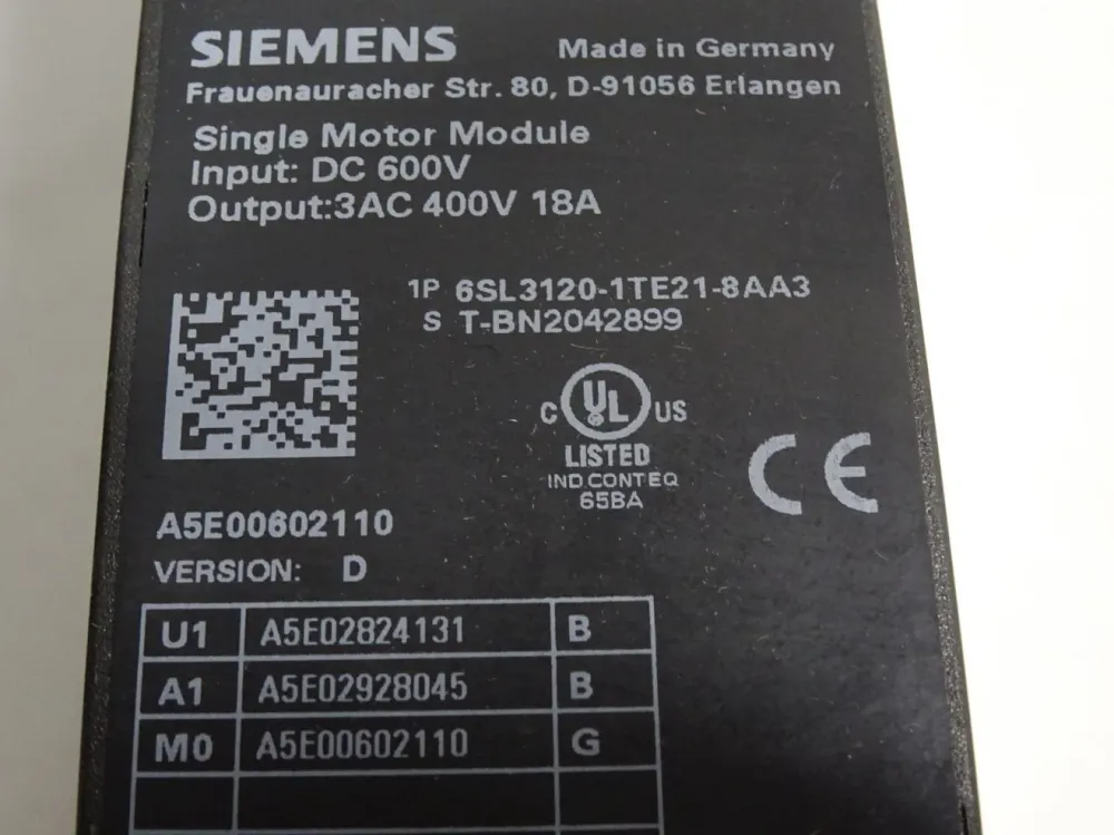 Siemens Single Motor Module 6SL3120-1TE21-8AA3
