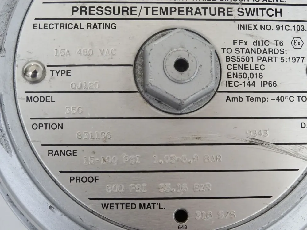 UE United Electric Pressure Switch QJ120 15A 480VAC