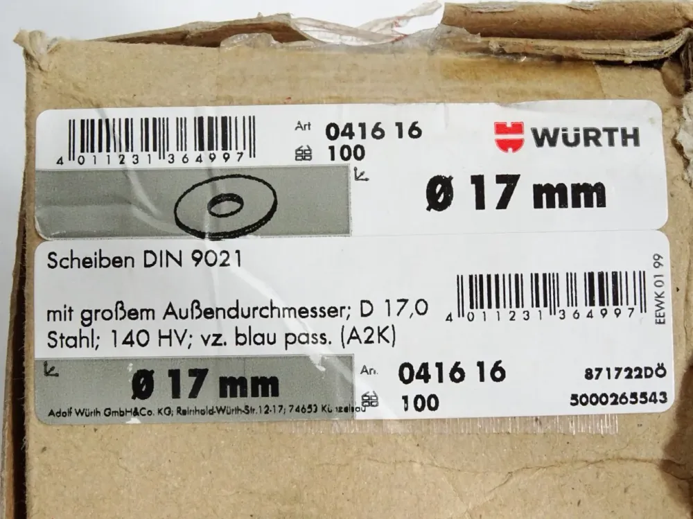 Würth Scheiben DIN9021 140HV 17mm 041616 / 100 Stück