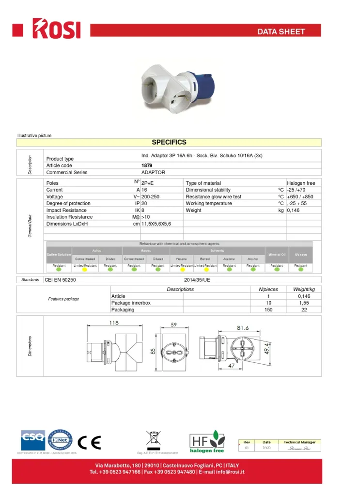 Adattatore industriale spina CEE + 3 Prese Biv. Schuko 10/16A - ROSI Online | Alta Resistenza |