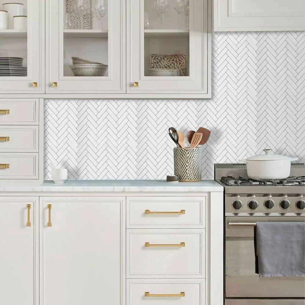 Biscotto Filettato Acciaio White Herringbone Backsplash Peel and Stick Tile - Thicker Design