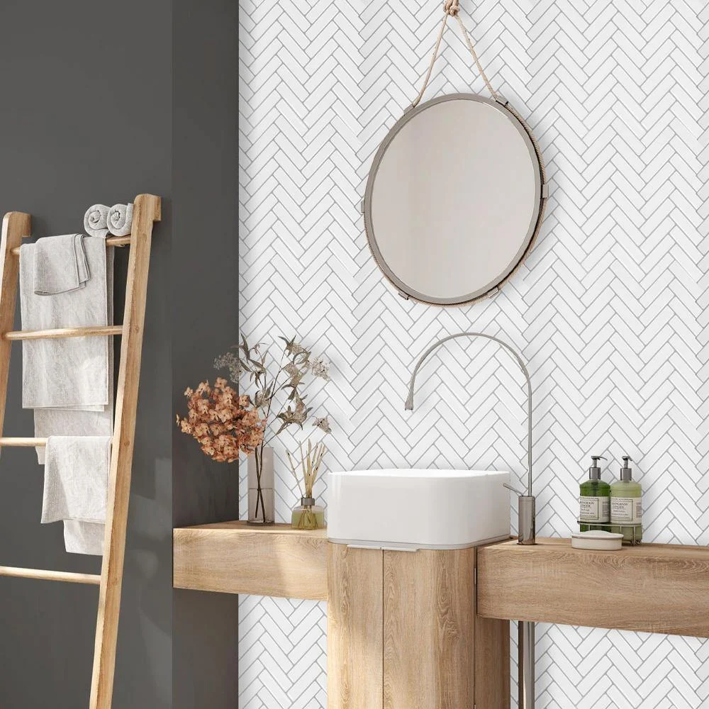 Biscotto Filettato Acciaio White Herringbone Backsplash Peel and Stick Tile - Thicker Design