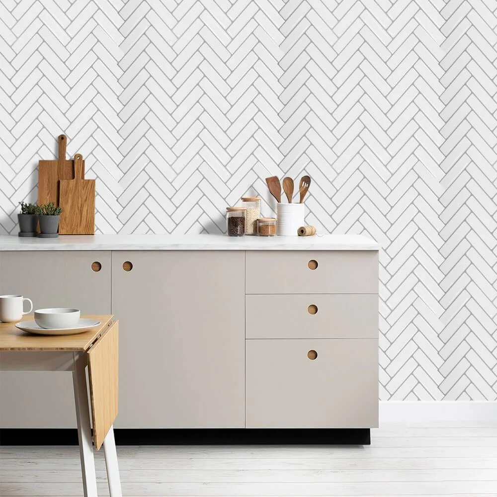 Biscotto Filettato Acciaio White Herringbone Backsplash Peel and Stick Tile - Thicker Design