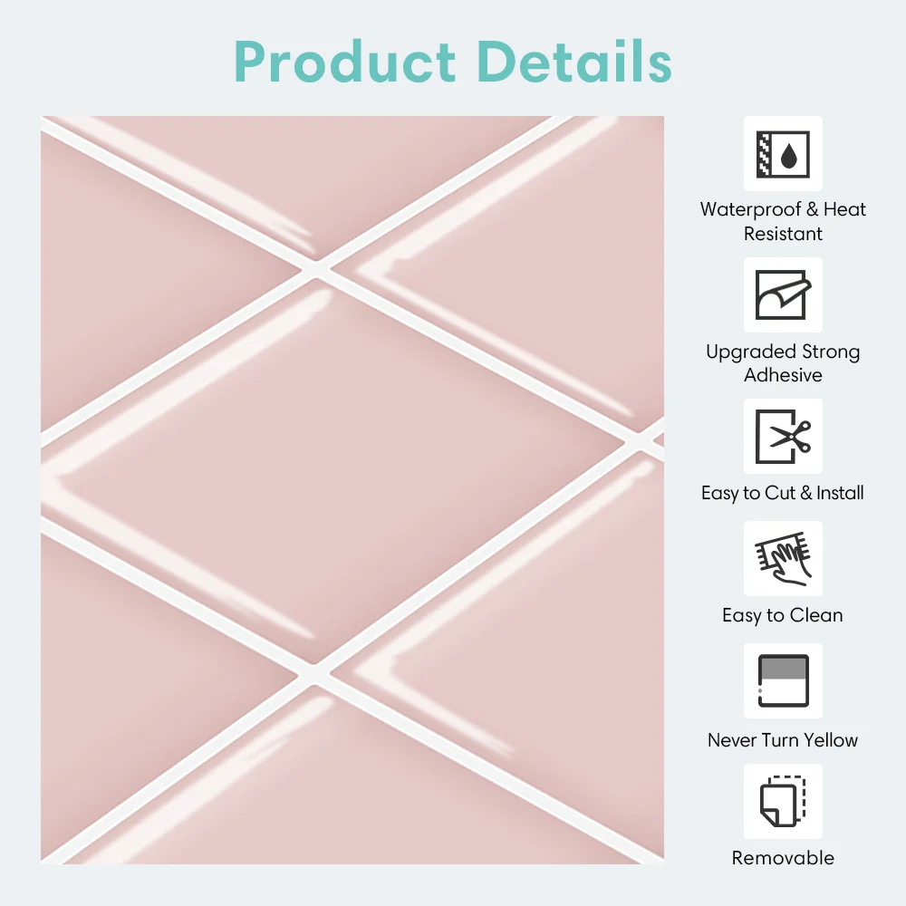 Pink Square Peel and Stick Backsplash Tile per Montaggio Scomparsa