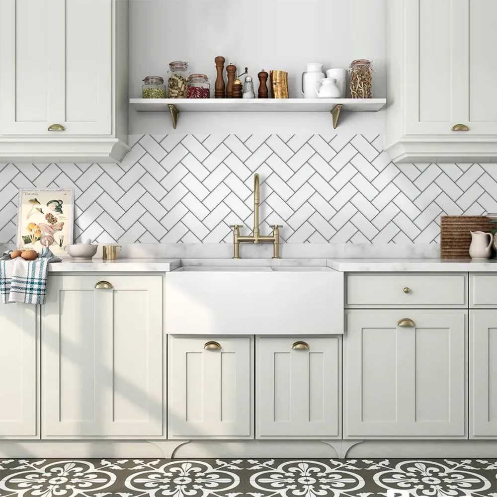 White Herringbone Peel and Stick Backsplash Tile - Thicker Design | Resistenza IP68