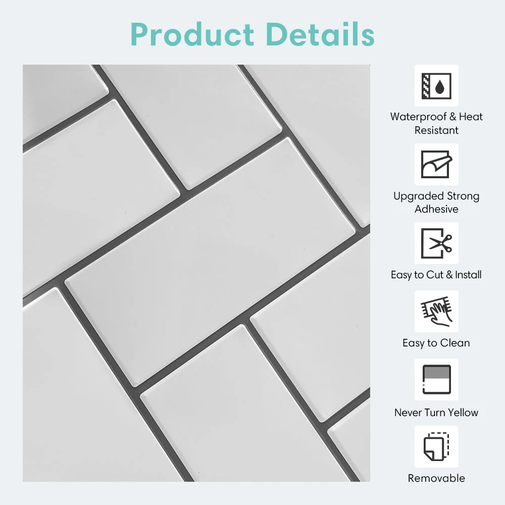 White Herringbone Peel and Stick Backsplash Tile - Thicker Design | Resistenza IP68