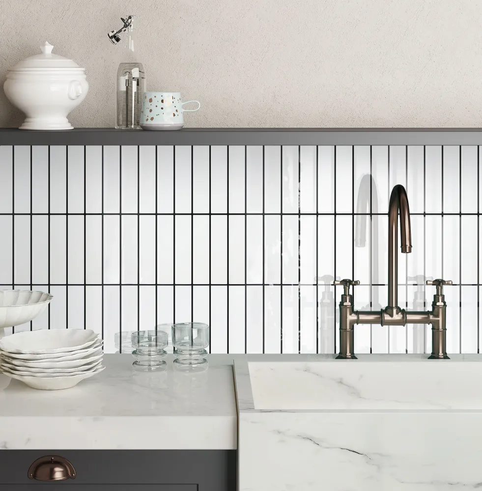 White and Nero puro Linear Peel and Stick Backsplash Tile