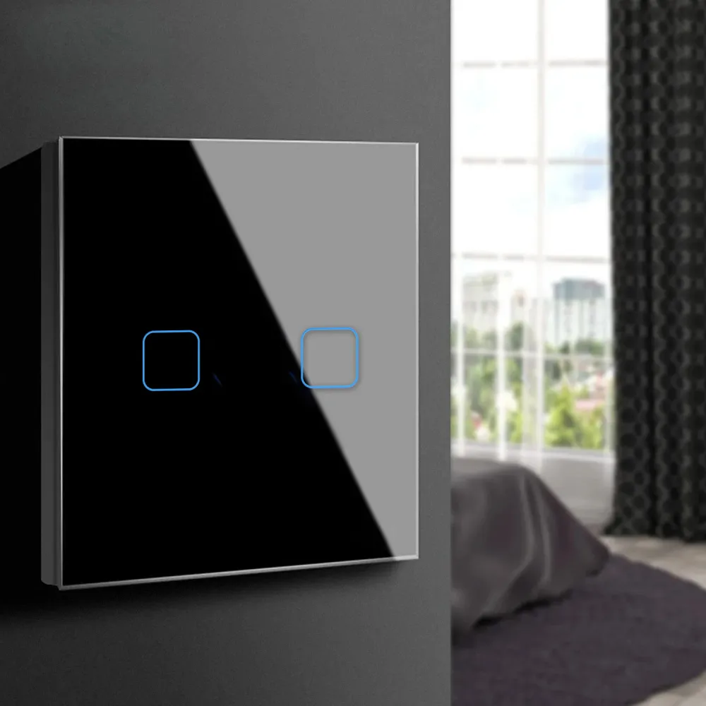Maclean Energy MCE703B Touch light switch, double, cristallo, black square button dimensions 86x86mm, button backlight