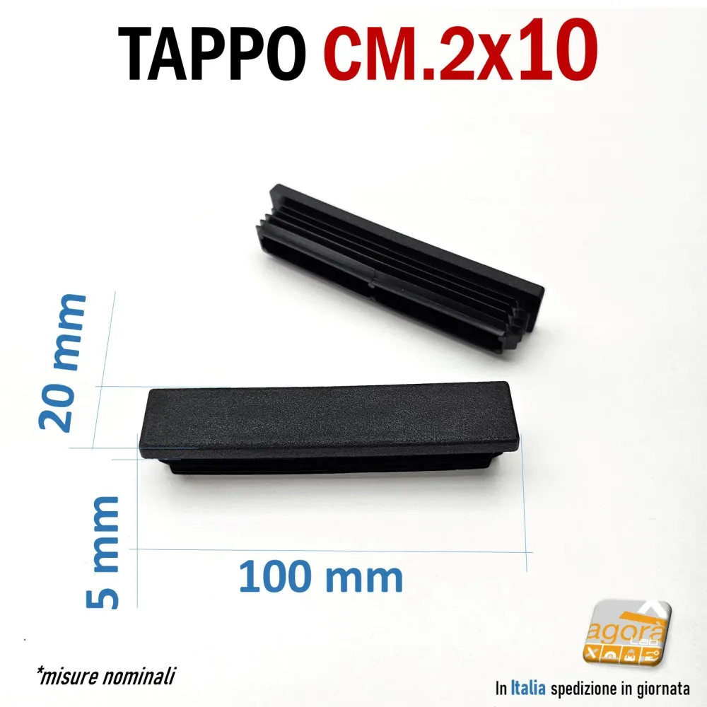 10Pz TAPPI TAPPO RETTANGOLARE 20x100mm NERO PUNTALE PLASTICA altezza 5mm cm 10x2
