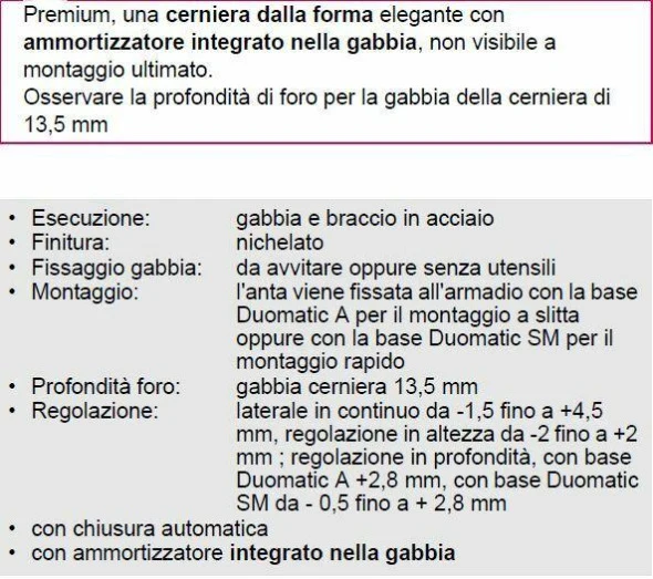 2PZ CERNIERA AMMORTIZZATA CUCINA FORO 35mm COLLO DIRITTO RICAMBIO SALICE WURTH HAFELE int 52