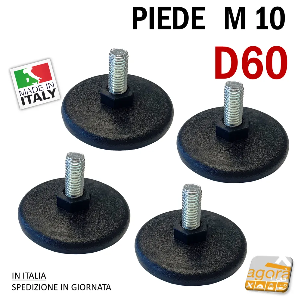 4pz PIEDI PIEDINO REGOLABILE D60 FILETTATO M10x22MM PLASTICA NERA X TAVOLI TELAI.