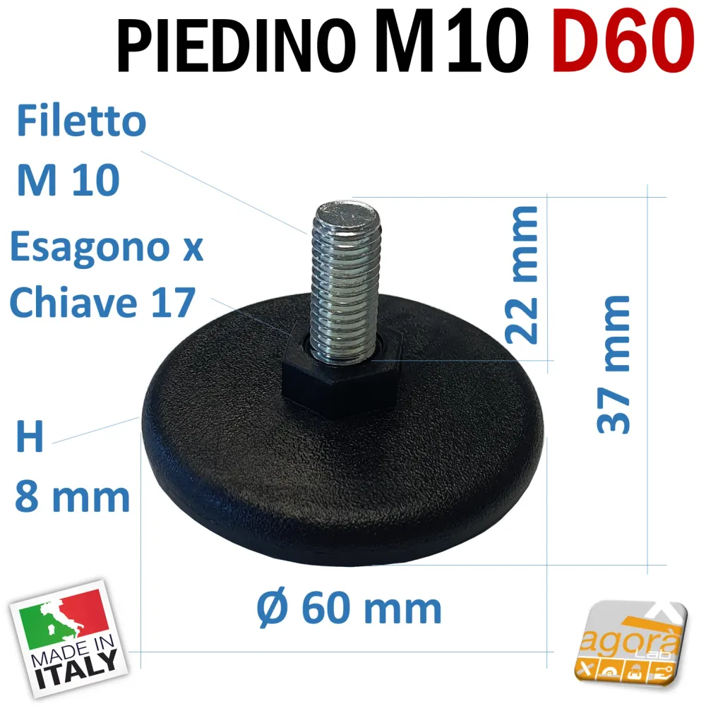 4pz PIEDI PIEDINO REGOLABILE D60 FILETTATO M10x22MM PLASTICA NERA X TAVOLI TELAI.
