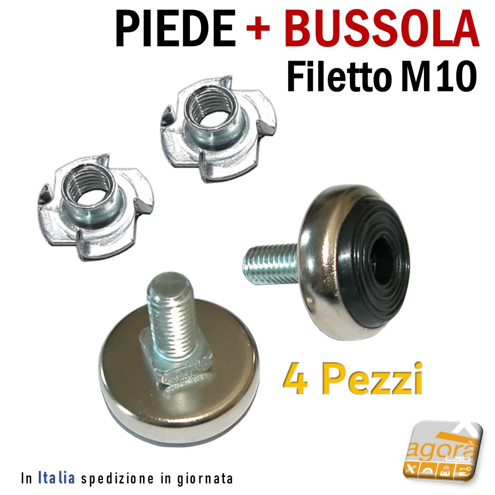 4 PZ PIEDI PIEDE PIEDINO FILETTATO M10X20MM NIC GOMMA D35 + BUSSOLA PRESSARE