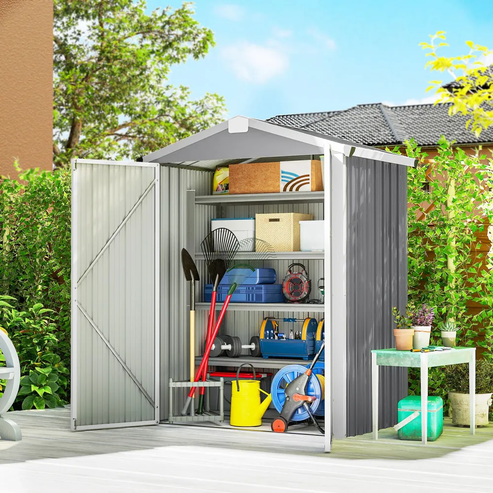 Casetta Box da Giardino 133x87x178 cm Superficie 1,1 m² con Doppie Porte Bloccabili Acciaio Grigio Argento