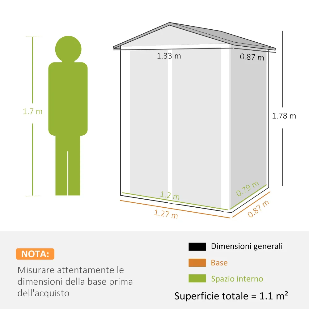 Casetta Box da Giardino 133x87x178 cm Superficie 1,1 m² con Doppie Porte Bloccabili Acciaio Grigio Argento