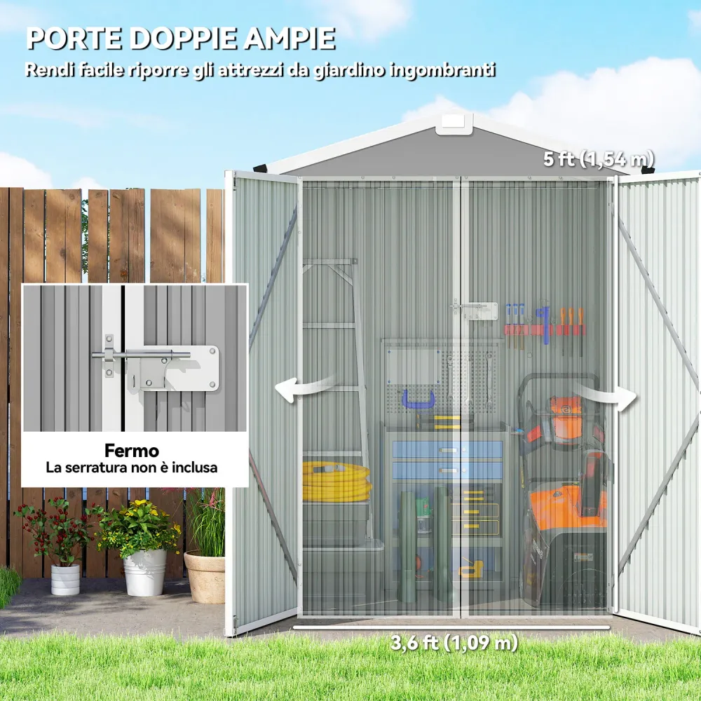 Casetta Box da Giardino 133x87x178 cm Superficie 1,1 m² con Doppie Porte Bloccabili Acciaio Grigio Argento