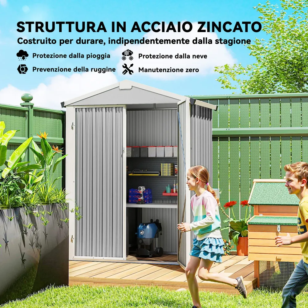Casetta Box da Giardino 133x87x178 cm Superficie 1,1 m² con Doppie Porte Bloccabili Acciaio Grigio Argento