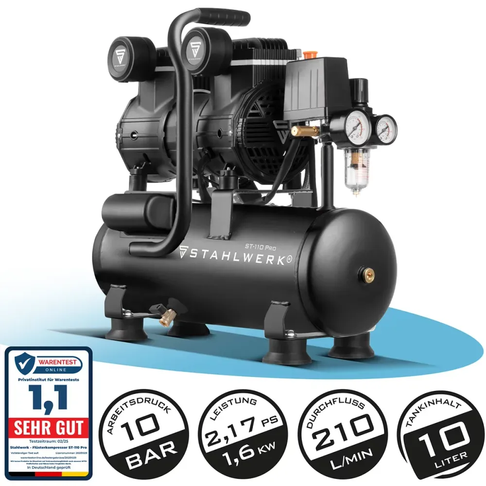 Stahlwerk Compressor ST-1110 Pro con 10 bar | 2.1 PS | 1,6 kW | 210 l/min | 10 L serbatoio di compressore d'aria compresso...