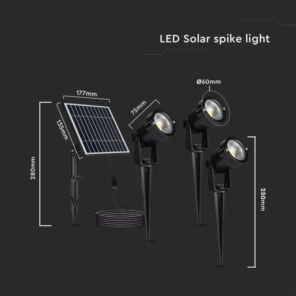 V-TAC 3x Faretti LED COB da Giardino 1.2W con Picchetti, Pannello Solare 5W e Batteria di Accumulo 4000mAh Colore Nero 300...