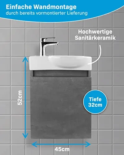 Alpenberger Waschplatz Lavabo ceramica I Mobile sottolavello preassemblato, Colore Grigio I BagnoWC soluzione senza tempo