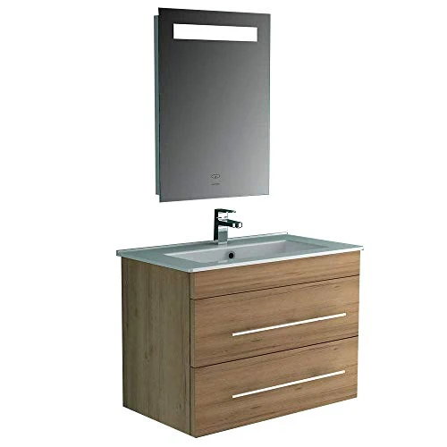 Lavabo ceramica con mobiletto rovere opaco, specchio con illuminazione LED, mobile da bagno per gli ospiti, bagno e lavabo...