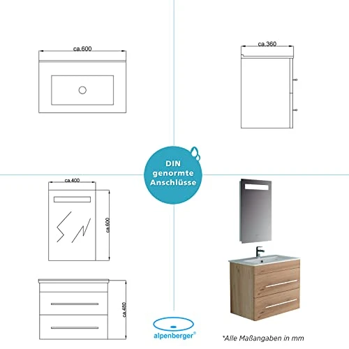 Lavabo ceramica con mobiletto rovere opaco, specchio con illuminazione LED, mobile da bagno per gli ospiti, bagno e lavabo...