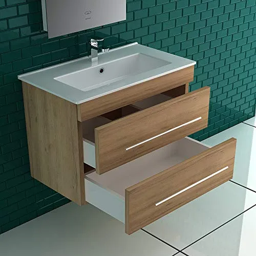 Lavabo ceramica con mobiletto rovere opaco, specchio con illuminazione LED, mobile da bagno per gli ospiti, bagno e lavabo...