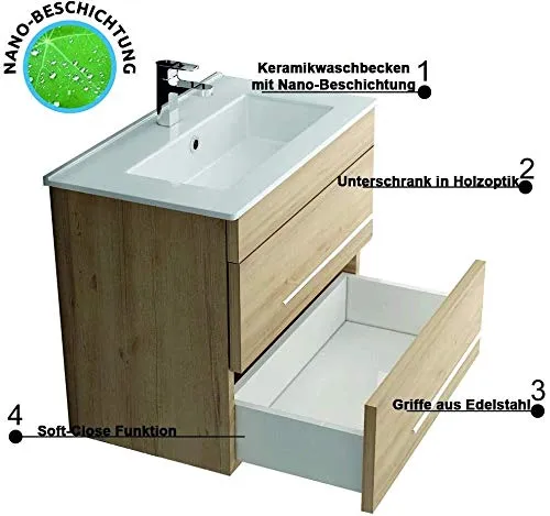 Lavabo ceramica con mobiletto rovere opaco, specchio con illuminazione LED, mobile da bagno per gli ospiti, bagno e lavabo...