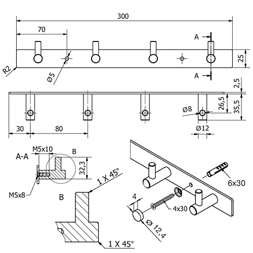 Appendiabiti Acciaio inox come Gancio singolo o una striscia di ganci con 4/6/8 ganci Appendiabiti Ganci da parete Appendi...
