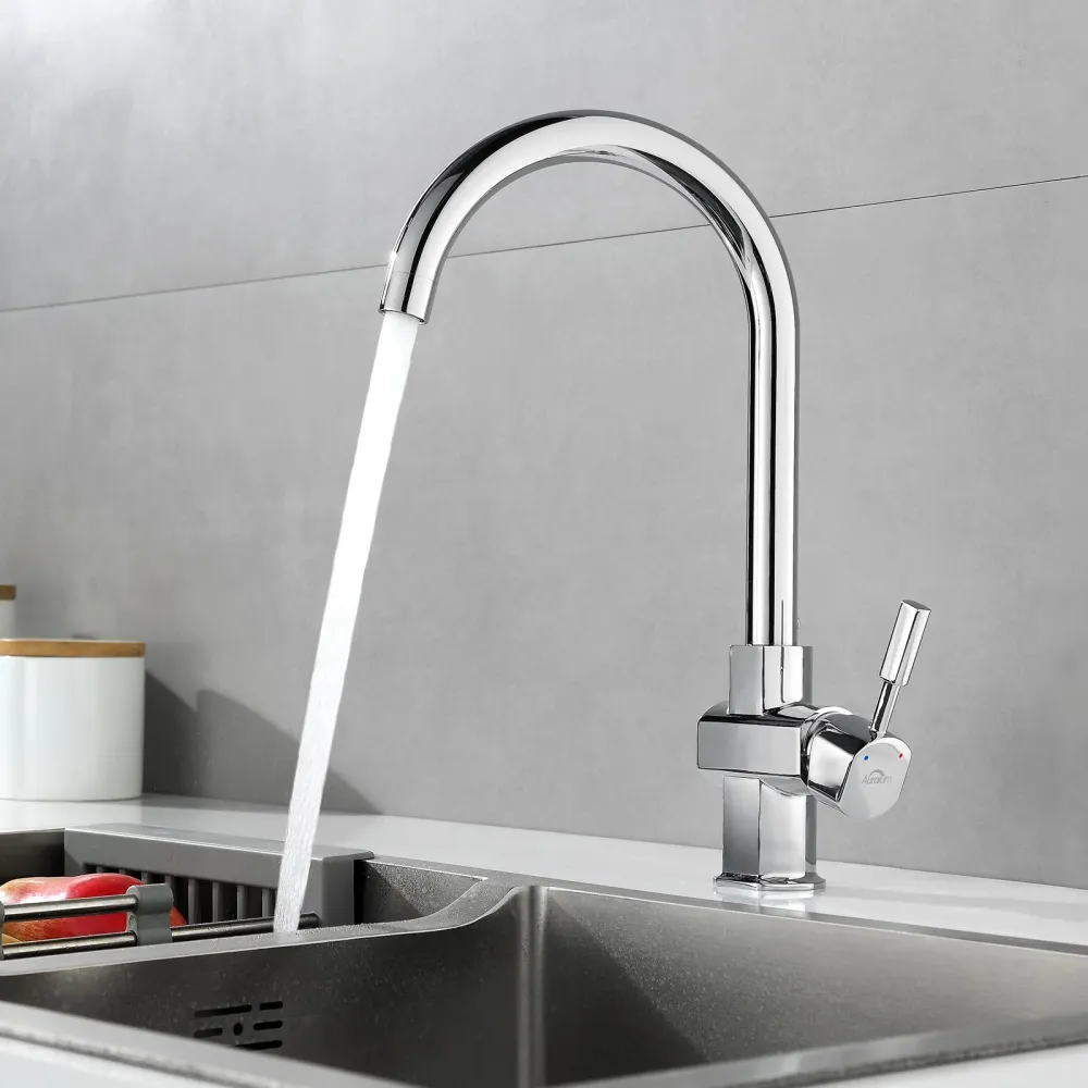 Auralum Rubinetto Lavello Cucina Cromato Girevole 360 °, Miscelatore Cucina Monocomando Per Lavandino,Rubinetti Acqua Cald...