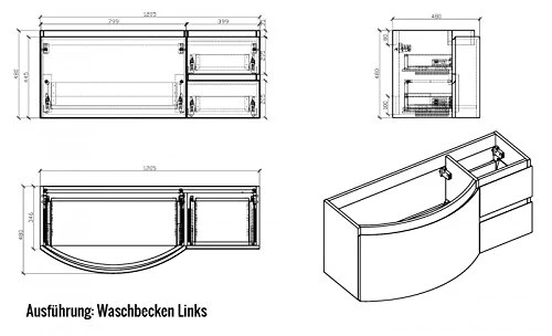 Mobile da bagno LAURANCE 1200, nero opaco - armadietto specchio e specchio scelta, Specchio:Senza specchio, Versione:Lavab...