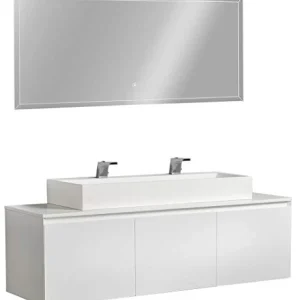 Mobile da bagno Luna 1600 bianco opaco con piano di appoggio solid surface - lavabo e specchio opzionali, Specchio:Senza s...
