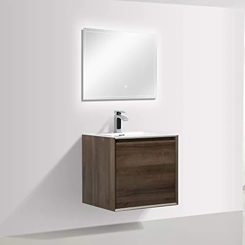 Mobile da bagno sospeso Freya 600 effetto legno - cassetto con illuminazione LED - specchio opzionale, Specchio:Senza spec...