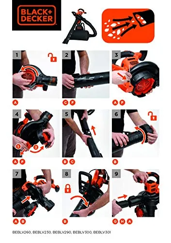 Black+Decker Beblv301 Soffiatore Elettrico, Trituratore, Aspiratore Foglie Capacità Di Raccolta 72 Litri, 3000 W, Nero Ara...