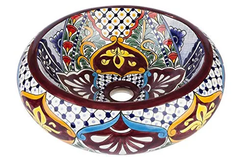 Cerames Leonor - Lavabi da appoggio rotondi messicani | Lavabo Talavera ceramica 40 cm dal Messico | Motivi decorativi col...