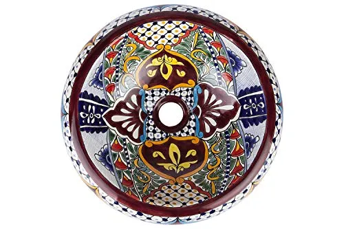 Cerames Leonor - Lavabi da appoggio rotondi messicani | Lavabo Talavera ceramica 40 cm dal Messico | Motivi decorativi col...