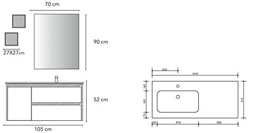 Set Mobile Lavabo Sx Specchio LED Arredo Bagno Moderno Alabama105 CERAMICHEMIRANDA-Bianco Antico Ceramiche Miranda