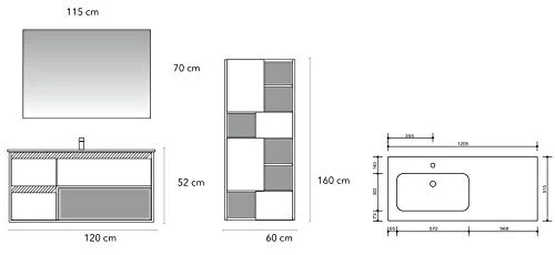Set Mobile Lavabo Dx Specchio LED Arredo Bagno Moderno Texas120 CERAMICHEMIRANDA-Bianco Antico Ceramiche Miranda