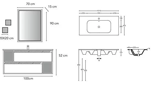 Set Mobile Lavabo Specchio LED Arredo Bagno Moderno New Orleans100 CERAMICHEMIRANDA-Rovere Asiago Ceramiche Miranda