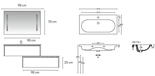 Set Mobile Lavabo Specchio LED Arredo Bagno Moderno Danimarca135 CERAMICHEMIRANDA-Etna Ceramiche Miranda