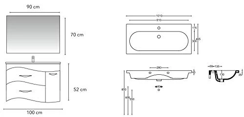 Set Mobile Onda Lavabo Specchio LED Arredo Bagno Moderno Istanbul100 CERAMICHEMIRANDA-Bianco Antico Ceramiche Miranda