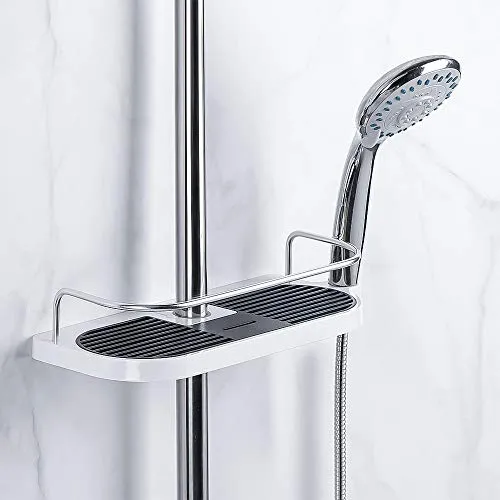 Mensola per Bagno Vassoio, Mensole Angolare per Doccia da Appendere, con 6 Rondelle e Ganci Supporto Rimovibile per Asta d...