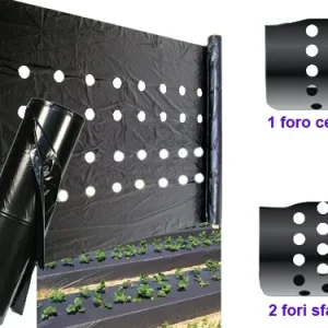 Foglia polietilene nera pacciamatura con fori rotoli. Prezzo per Chilo.