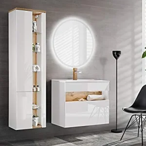 Bahama - Set di mobili da bagno, 4 pezzi, colore: bianco, lavabo 80 cm, illuminazione indiretta, specchio rotondo con illu...